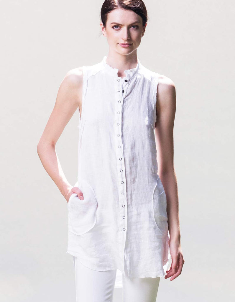 White organic linen button up shirt. Can also be worn as a shirtdress.